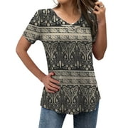 FOLUNSI Casual Floral Henley Shirt Knit - V-Neck Short Sleeve Blouse - M-4X