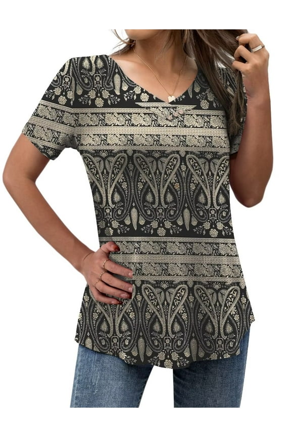 Women’s Plus Size Tops V Neck Short Sleeve Shirt Floral Blouses Tunic Tops M-4X