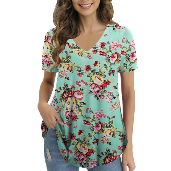 FOLUNSI Women’s Plus Size Tops V Neck Short Sleeve Shirt Floral Blouses Tunic Tops M-4X