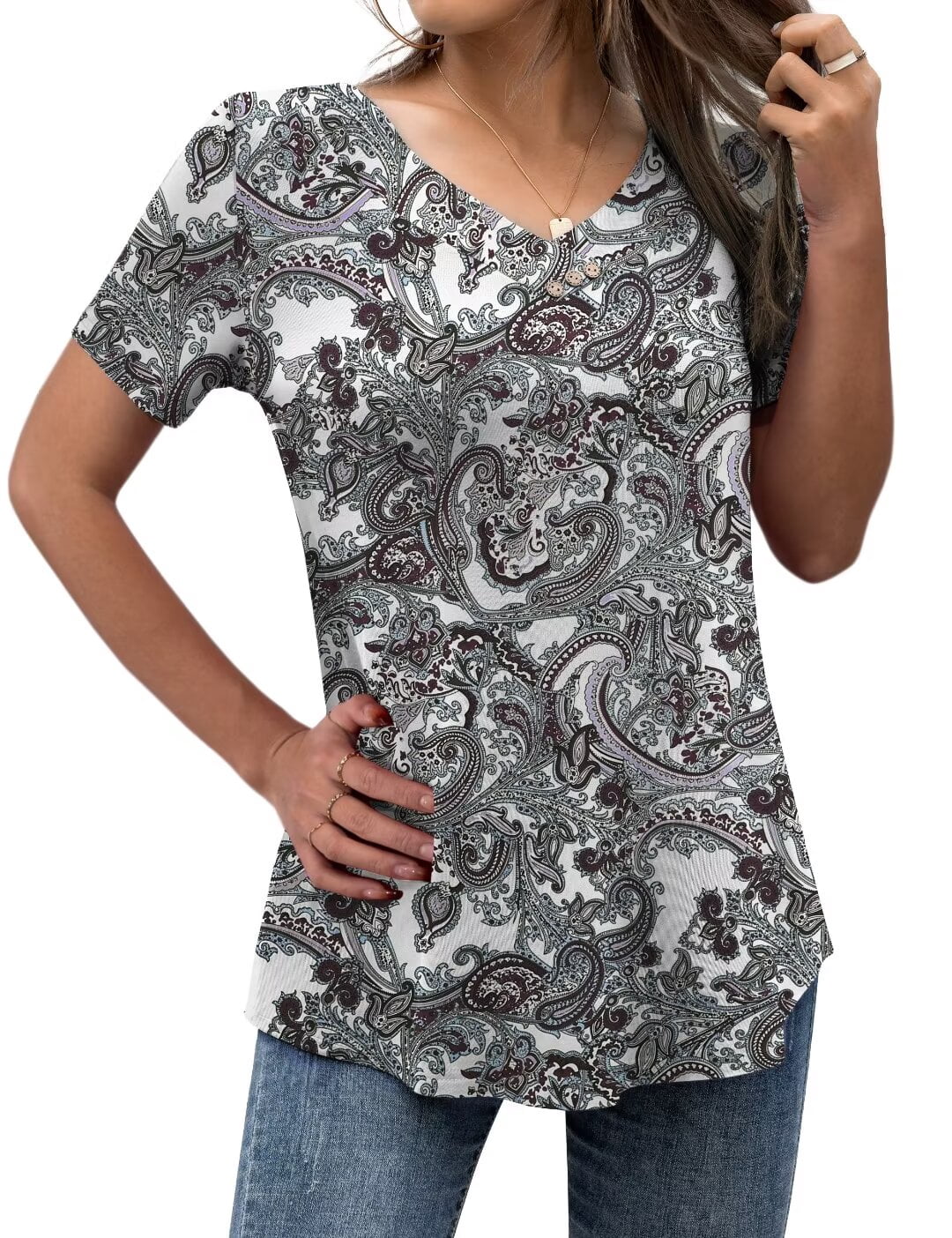 FOLUNSI Women's Plus Size V-Neck Floral Tunic Top - Short Sleeve Blouse (Sizes M To 4XL) - View #7