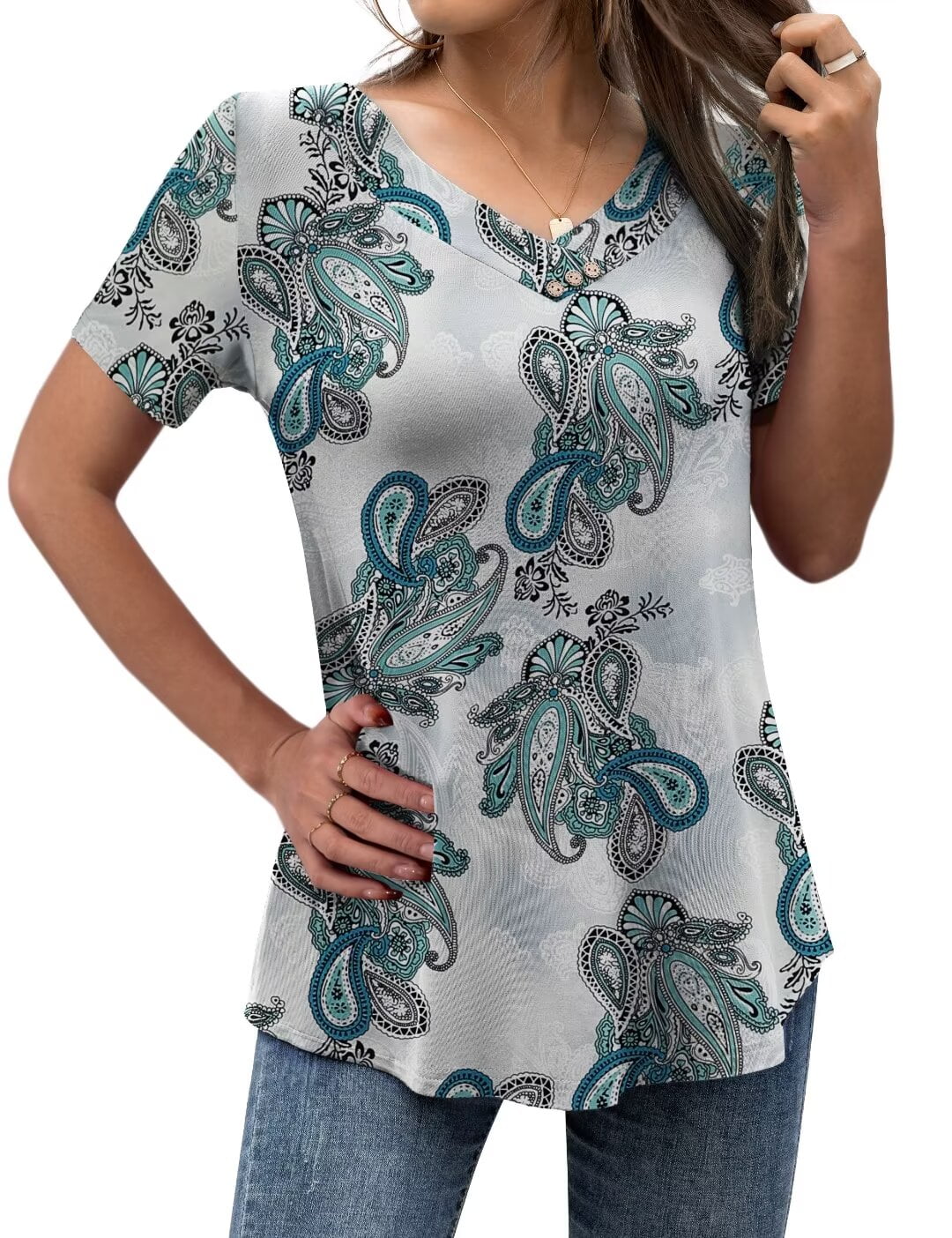 FOLUNSI Women’s Plus Size Tops V Neck Short Sleeve Shirt Floral Blouses ...