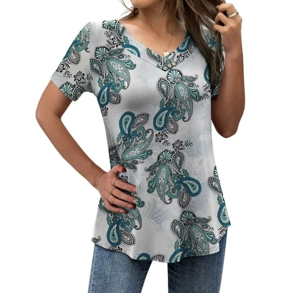FOLUNSI Women’s Plus Size Tops V Neck Short Sleeve Shirt Floral Blouses Tunic Tops M-4X