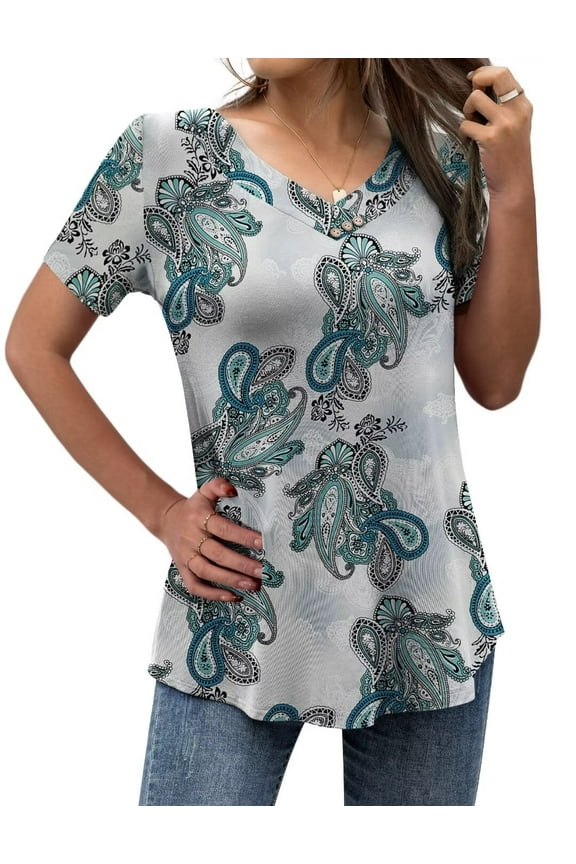 Women’s Plus Size Tops V Neck Short Sleeve Shirt Floral Blouses Tunic Tops M-4X