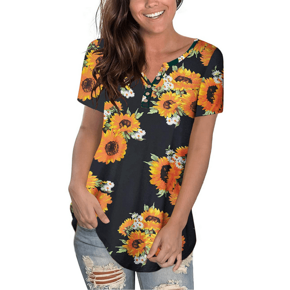 FOLUNSI Women's Plus Size Tunic Top Henley T-shirt Floral Casual Blouse M-4XL