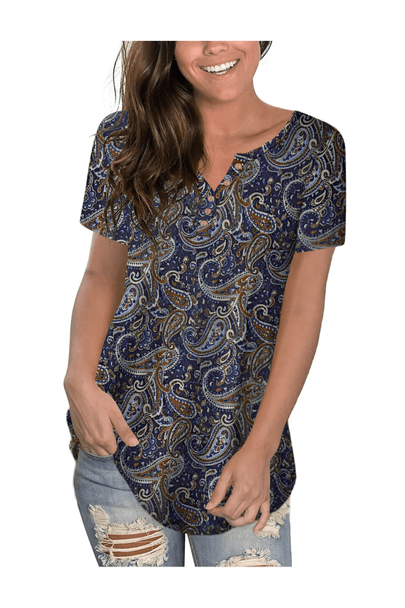 Women's Plus Size Tunic Top Henley T-shirt Floral Casual Blouse M-4XL