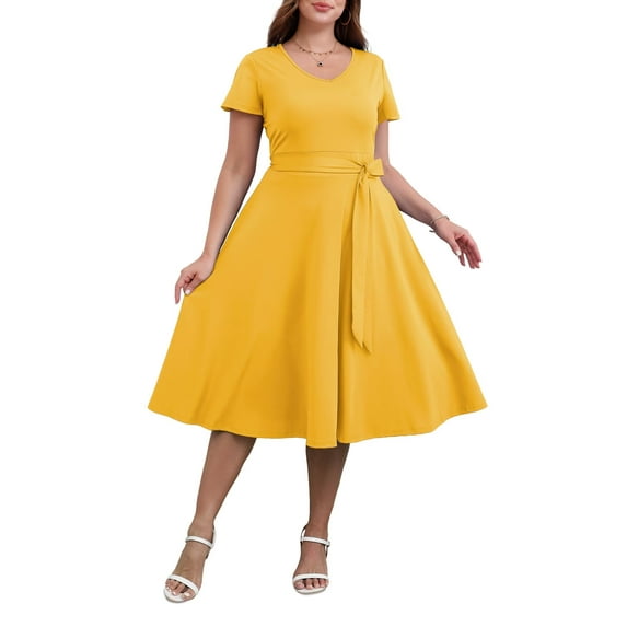 FOLUNSI Women's Plus size Dresses Casual V-Neck Midi Dress Wedding Guest Dress with Pockets Yellow-2XL