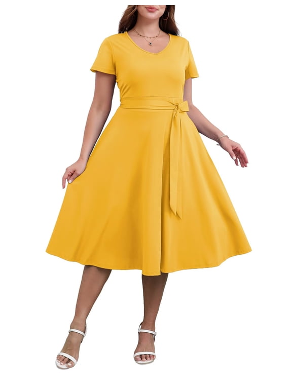 Women's Plus size Dresses Casual V-Neck Midi Dress Wedding Guest Dress with Pockets Yellow-5XL