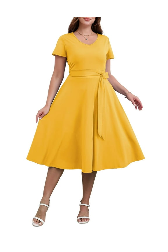 Women's Plus size Dresses Casual V-Neck Midi Dress Wedding Guest Dress with Pockets Yellow-5XL
