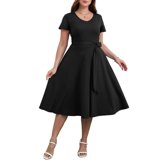 FOLUNSI Women's Plus size Dresses Casual V-Neck Midi Dress Wedding Guest Dress with Pockets Black-XL