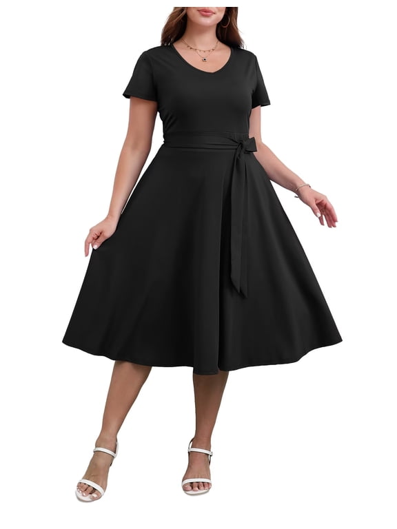 Women's Plus size Dresses Casual V-Neck Midi Dress Wedding Guest Dress with Pockets Black-2XL