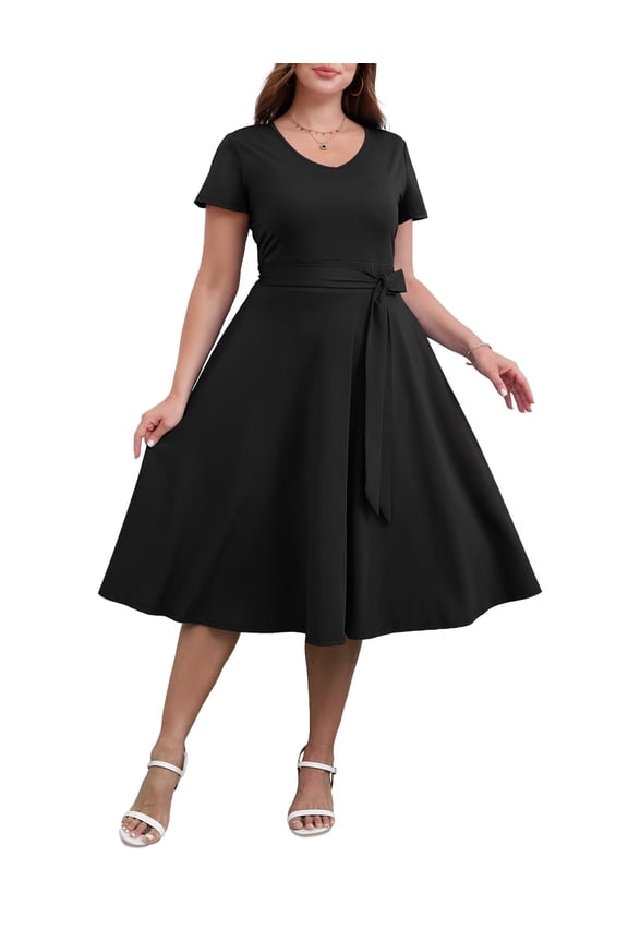 Women's Plus size Dresses Casual V-Neck Midi Dress Wedding Guest Dress with Pockets Black-5XL