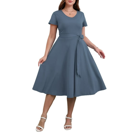 FOLUNSI Women's Plus size Dresses Casual V-Neck Midi Dress Wedding Guest Dress with Pockets Grey-3XL