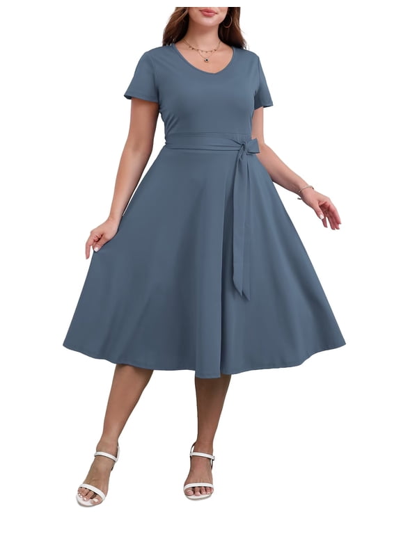 FOLUNSI Women's Plus size Dresses Casual V-Neck Midi Dress Wedding Guest Dress with Pockets Grey-3XL