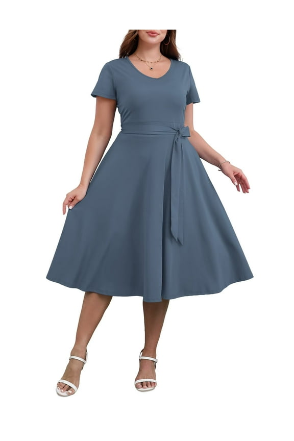 Women's Plus size Dresses Casual V-Neck Midi Dress Wedding Guest Dress with Pockets Grey-3XL
