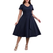 light blue knee length dresses Light Blue Midi Summer Dress with Short Sleeves Light Blue / XSmall main image 0