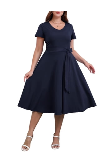 chinese dress ladies Womens Midi Dress Plain Dot Neck Lantern Long Sleeve Shirred Flared A Line  Dress Casual for Women Navy Blue at Amazon Women's Clothing store main image 0