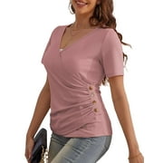 FOLUNSI Women's Plus size Top V Neck Slim Fitted T-Shirt Front Surplice Wrap Short Sleeve Blouses M-4X