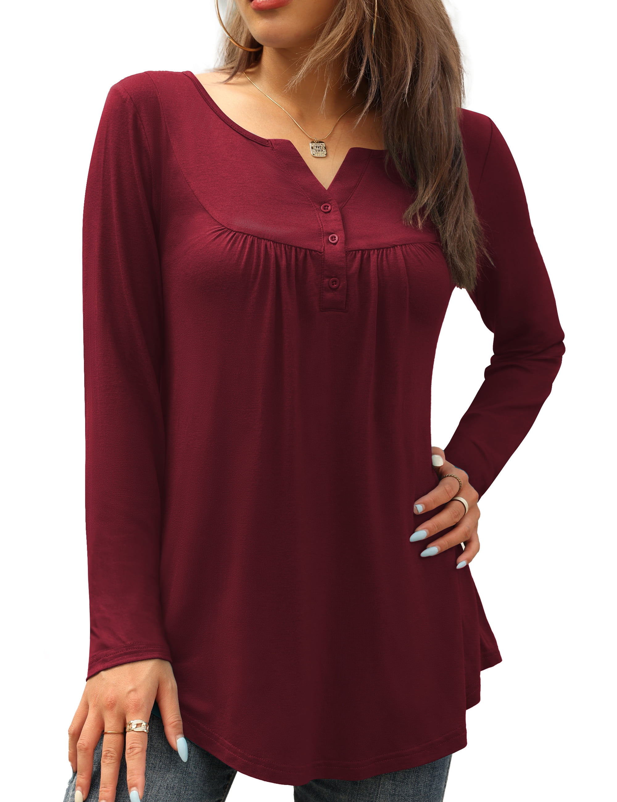 FOLUNSI Womens Plus Size Long Sleeve Tunic Tops Casual Floral Henley ...