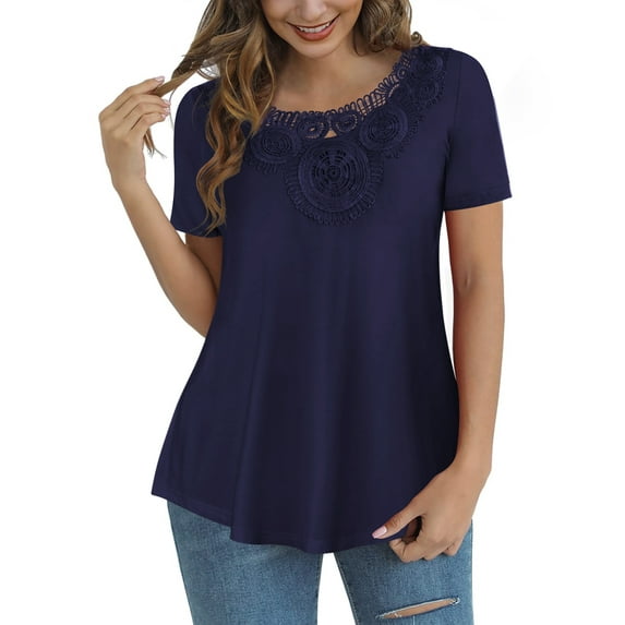 FOLUNSI Womens Plus Size Tops Short Sleeve Shirts Blouses Lace Pleated Tunic Tops M-4XL