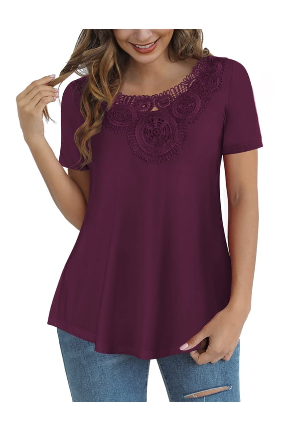 Womens Plus Size Tops Short Sleeve Shirts Blouses Lace Pleated Tunic Tops M-4XL