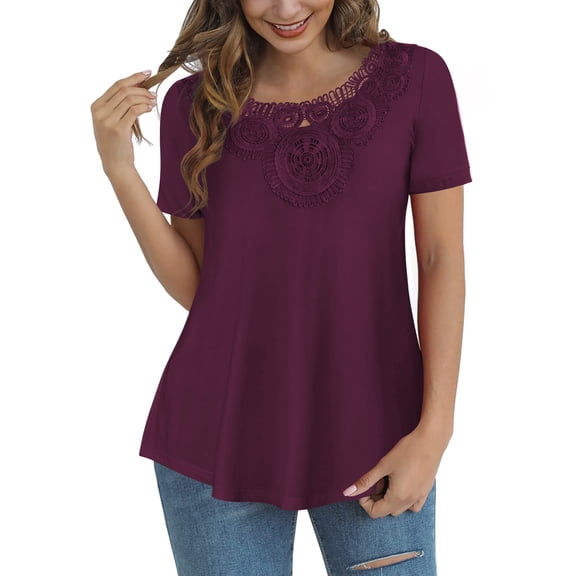FOLUNSI Womens Plus Size Tops Short Sleeve Shirts Blouses Lace Pleated Tunic Tops M-4XL