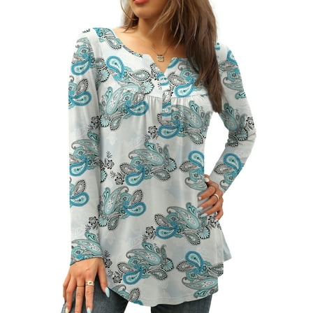 FOLUNSI Womens Plus Size Tunic Tops Long Sleeve Casual Floral Henley Shirts M-4XL