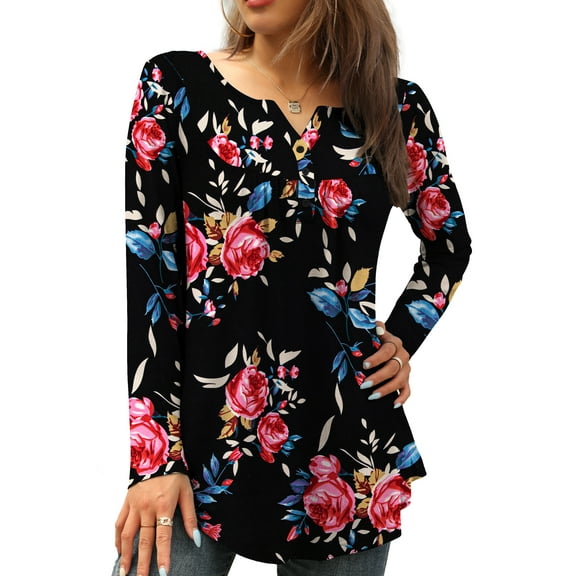 FOLUNSI Womens Plus Size Tunic Tops Long Sleeve Casual Floral Henley Shirts M-4XL