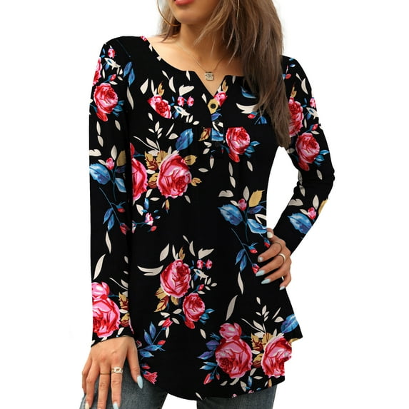 FOLUNSI Womens Plus Size Tunic Tops Long Sleeve Casual Floral Henley Shirts M-4XL