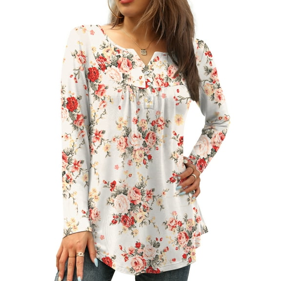 FOLUNSI Womens Plus Size Tunic Tops Long Sleeve Casual Floral Henley Shirts M-4XL