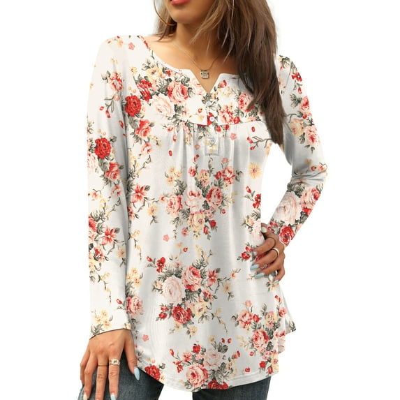 FOLUNSI Womens Plus Size Tunic Tops Long Sleeve Casual Floral Henley Shirts M-4XL