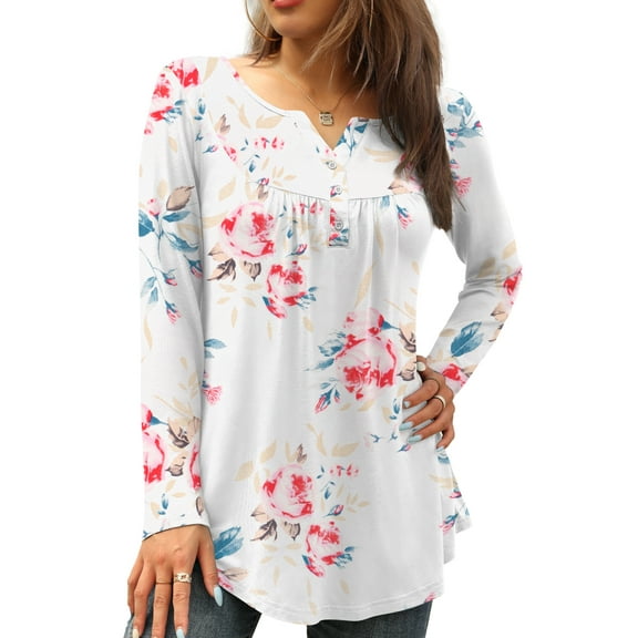 FOLUNSI Womens Plus Size Tunic Tops Long Sleeve Casual Floral Henley Shirts M-4XL