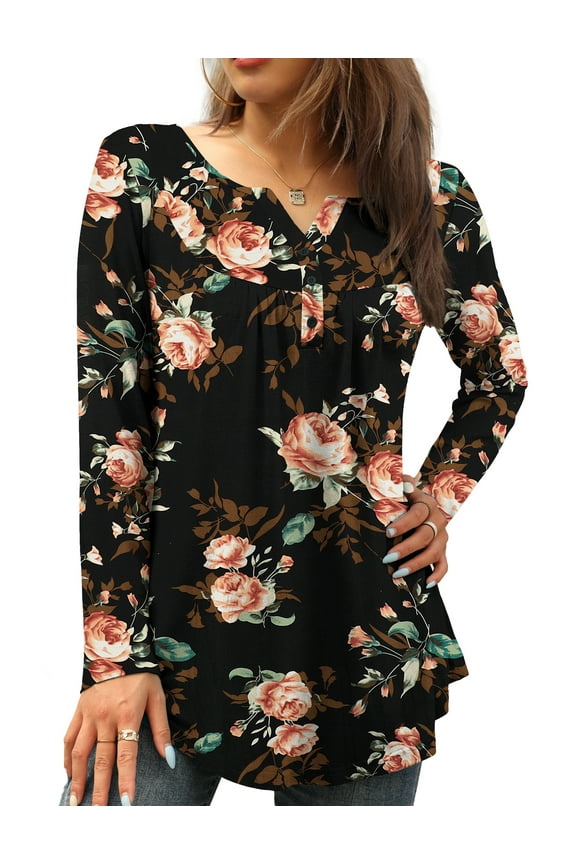 Womens Plus Size Tunic Tops Long Sleeve Casual Floral Henley Shirts M-4XL
