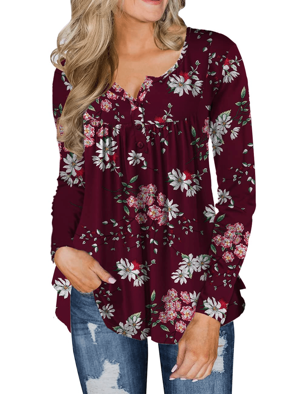 FOLUNSI Womens Plus Size Tunic Tops Long Sleeve Casual Floral Henley ...