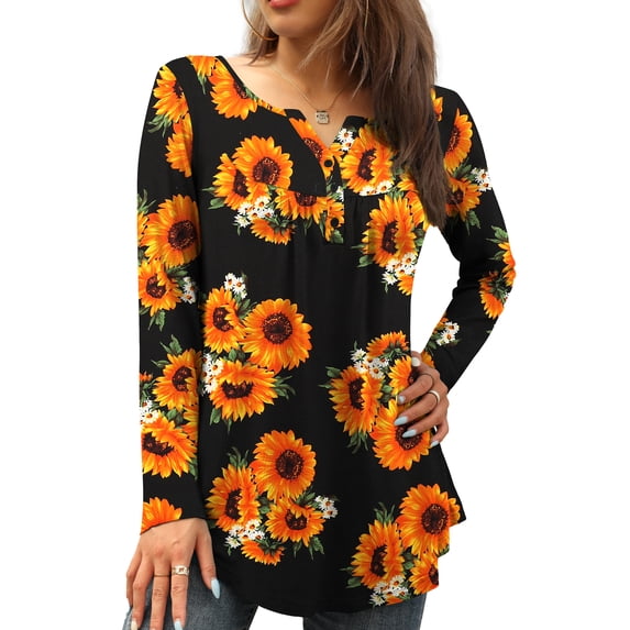 FOLUNSI Womens Plus Size Tunic Tops Long Sleeve Casual Floral Henley Shirts M-4XL