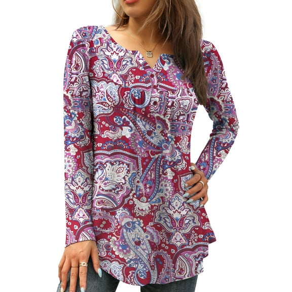 FOLUNSI Womens Plus Size Tunic Tops Long Sleeve Casual Floral Henley Shirts M-4XL