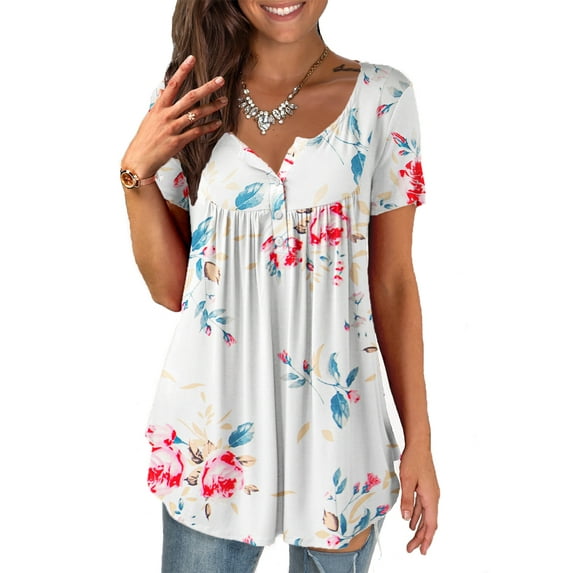 FOLUNSI Womens Plus Size Tunic Tops Short Sleeve Casual Floral Henley Shirts M-4XL
