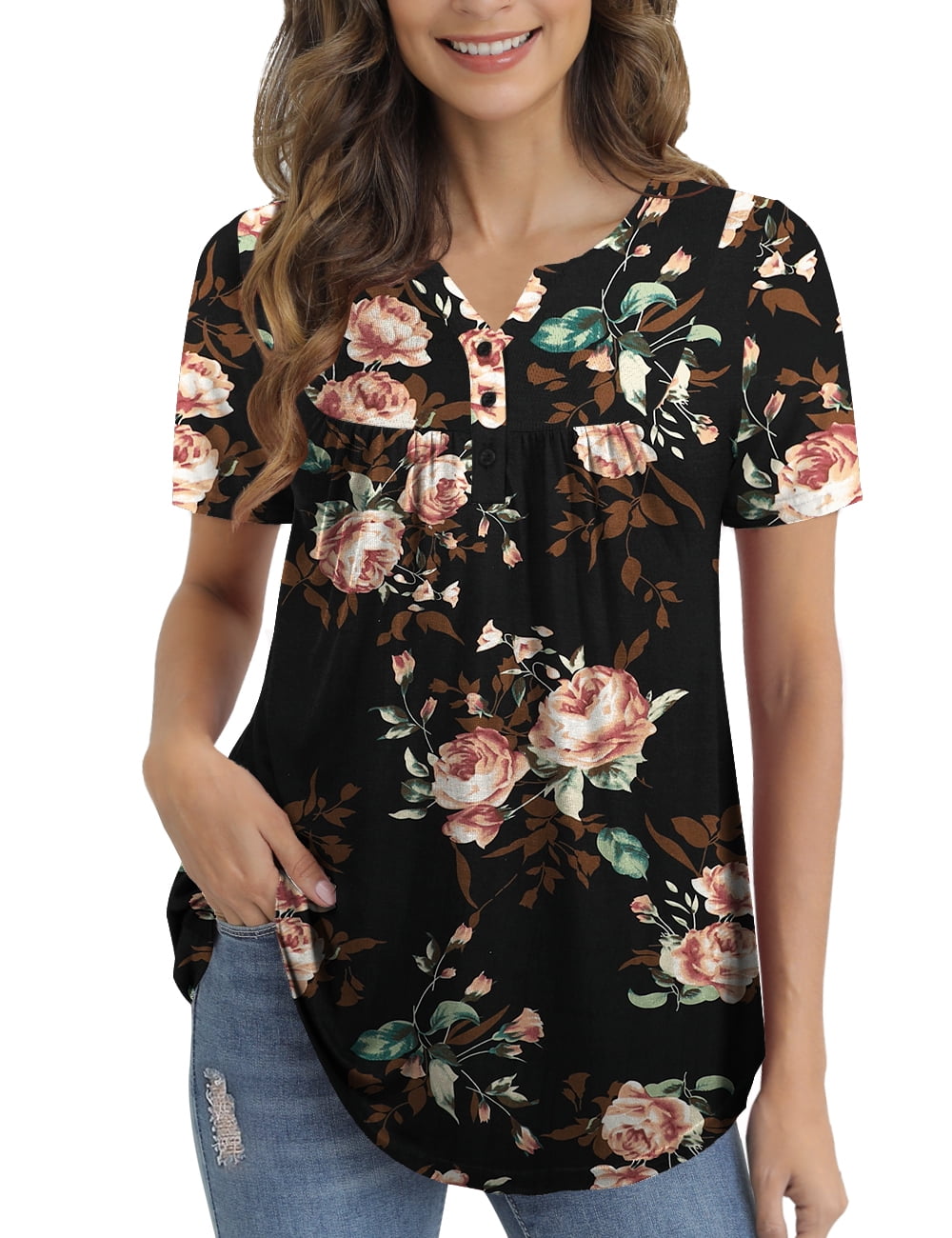 FOLUNSI Womens Plus Size Tunic Tops Short Sleeve Casual Floral Henley ...