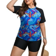 FOLUNSI Womens Plus Swimsuits 2 Piece Short Sleeve with Boyshorts Surfing Swimwear 0X-5X