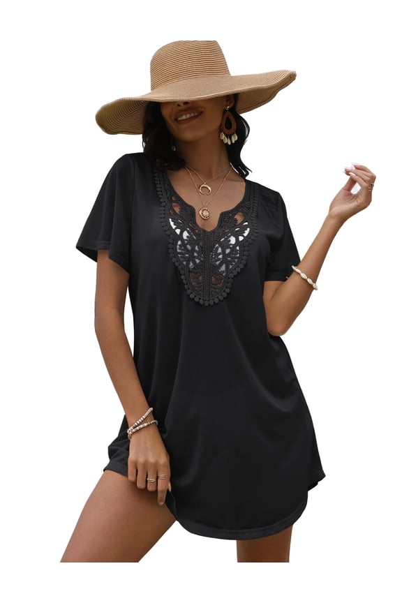 Womens Plus size Swimsuit Cover Ups V Neck Lace Crochet Summer Bikini Beach Cover ups Dress for Swimwear S-3XL