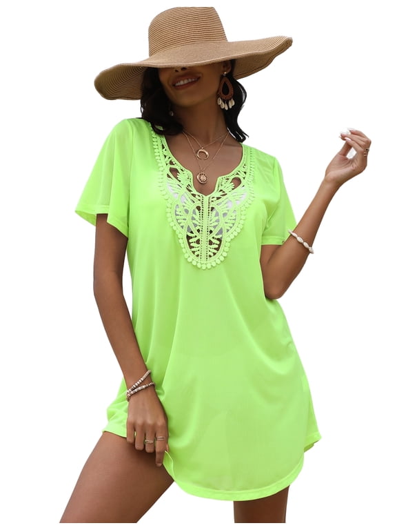 Lace Crochet Cover-Up - V Neck Beach Dress - Women
