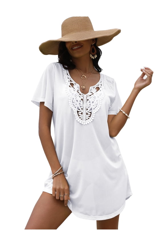 Lace Crochet Cover-Up - V Neck Beach Dress - Women