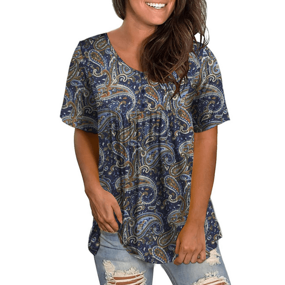 FOLUNSI Womens Summer Plus Size Tops V Neck Buttons Pleated Flared Blouses m-4xl