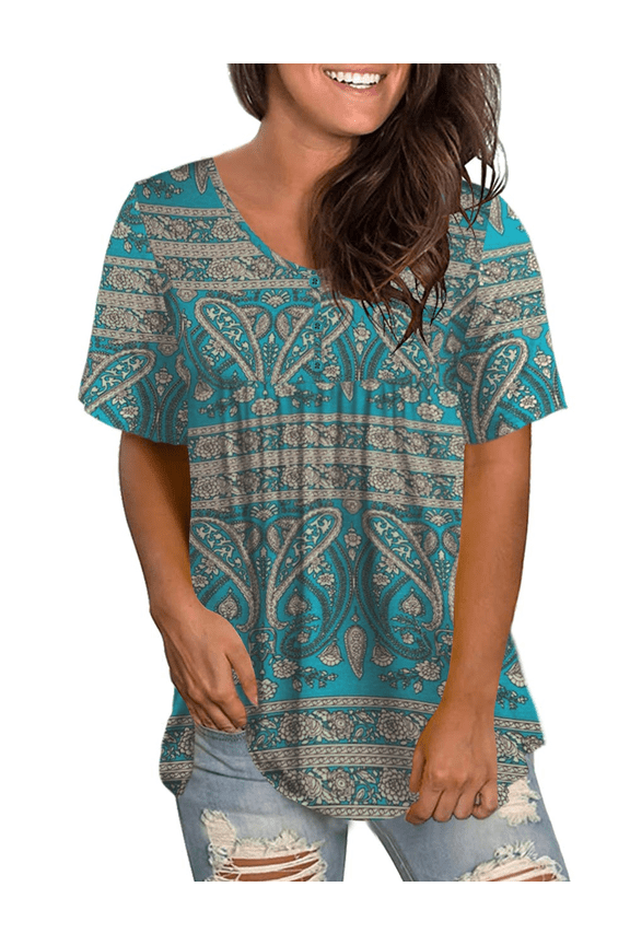 Womens Summer Plus Size Tops V Neck Buttons Pleated Flared Blouses m-4xl