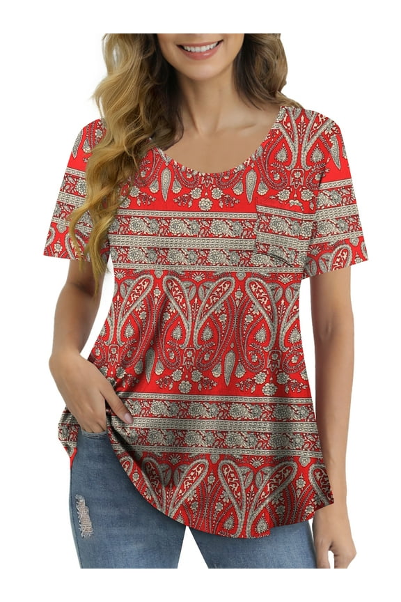 Womens T Shirts Short Sleeve Round Neck Loose Print Tunic Tops with Pocket