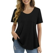 FOLUNSI Womens T Shirts Short Sleeve Round Neck Loose Print Tunic Tops with Pocket