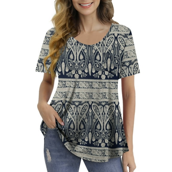 FOLUNSI Womens T Shirts Short Sleeve Round Neck Loose Print Tunic Tops with Pocket