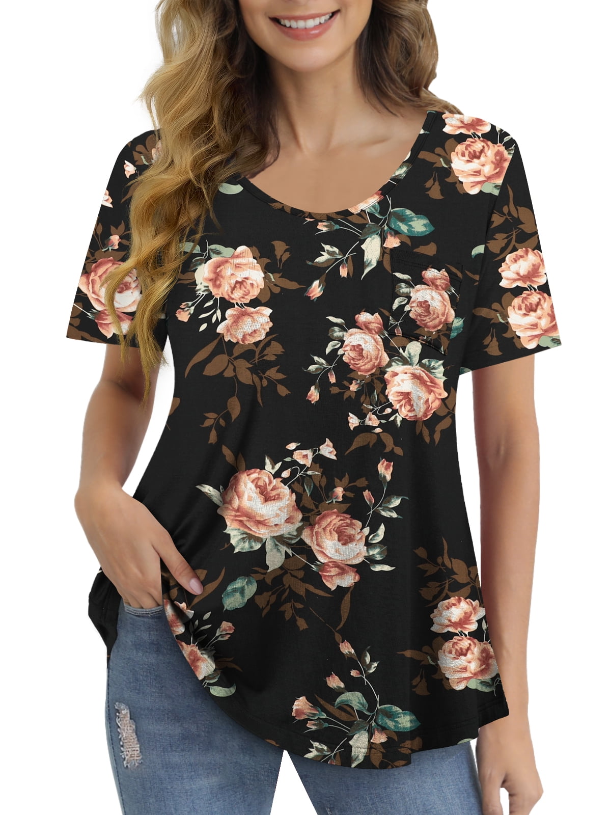 FOLUNSI Womens T Shirts Short Sleeve Round Neck Loose Print Tunic Tops ...