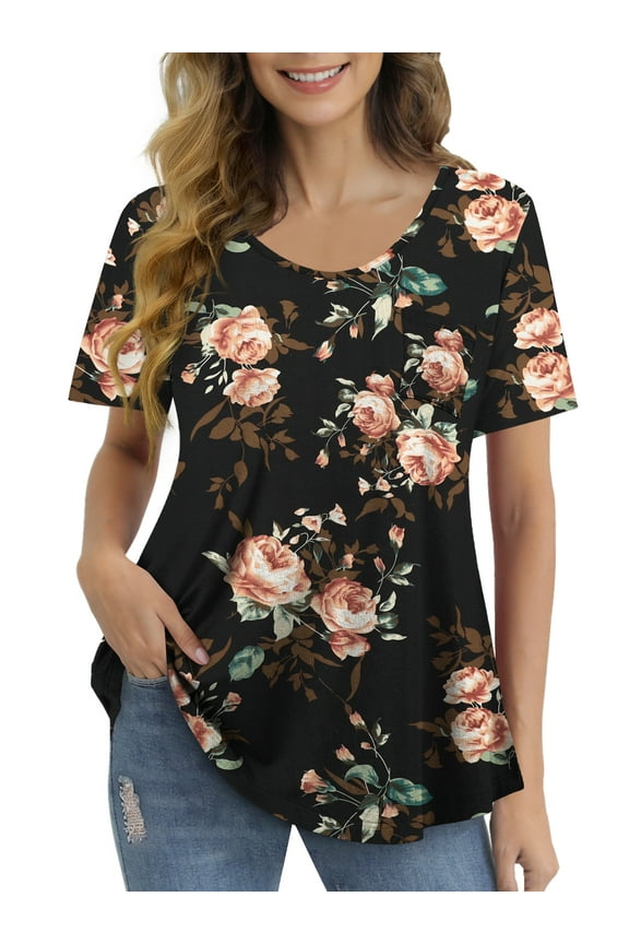 Womens T Shirts Short Sleeve Round Neck Loose Print Tunic Tops with Pocket