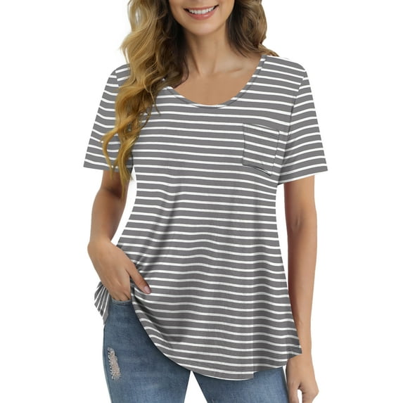 FOLUNSI Womens T Shirts Short Sleeve Round Neck Loose Print Tunic Tops with Pocket