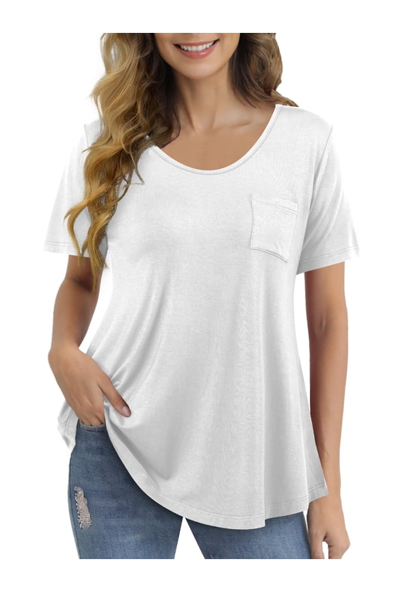 Womens T Shirts Short Sleeve Round Neck Loose Print Tunic Tops with Pocket